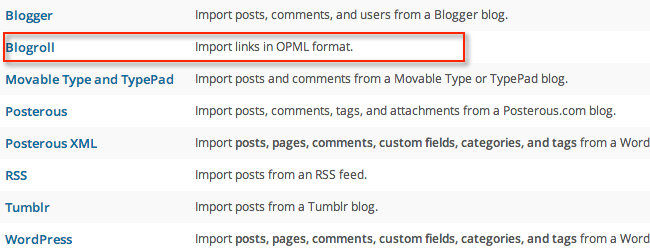 import blogroll link on the wordpress tools > import page