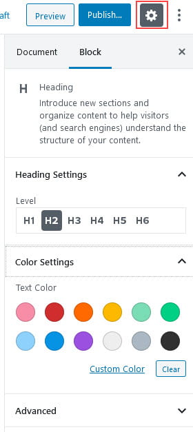 Heading block settings