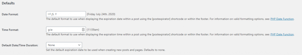 Post Expirator default settings