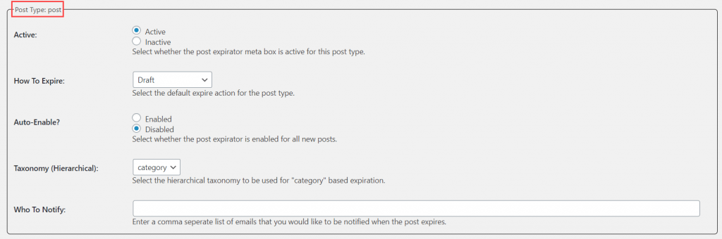 Post Expirator post type: post settings