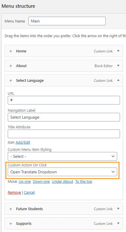 Select Open Translate dropdown