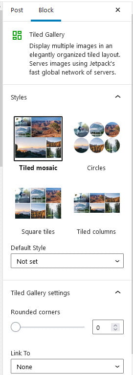 Tiled Gallery sidebar options