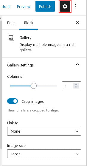 Gallery block settings
