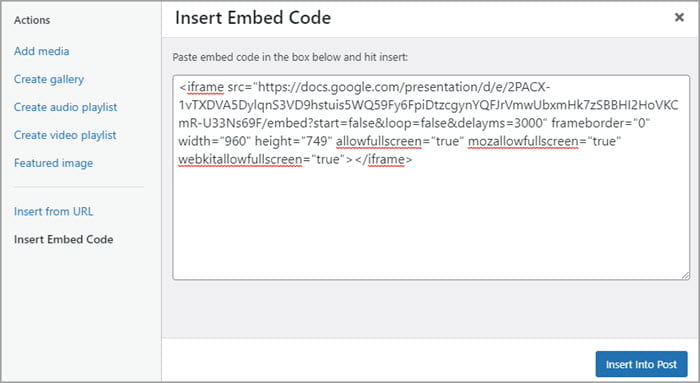 Paste embed code