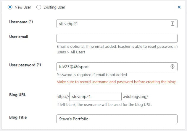 Create student blog without an email address using My Classs