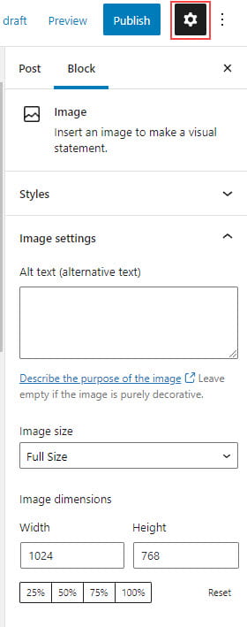 Image settings in editor sidebar