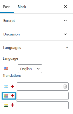 Polylang translation options, choose translation language