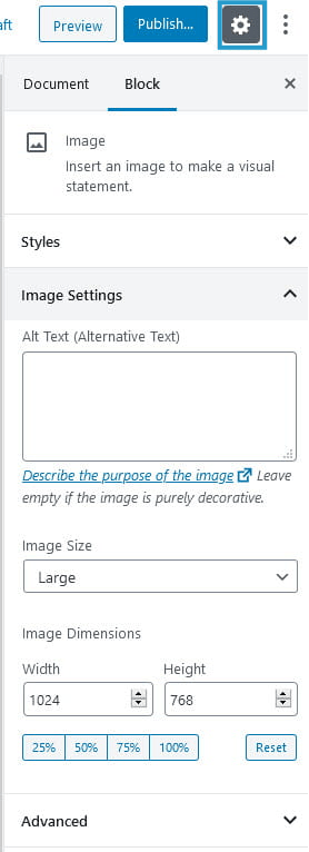 Image block settings